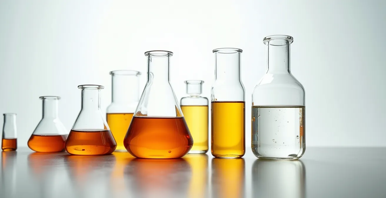 Frise chronologique métaphorique représentée par des fioles de laboratoire alignées avec dégradé de couleurs