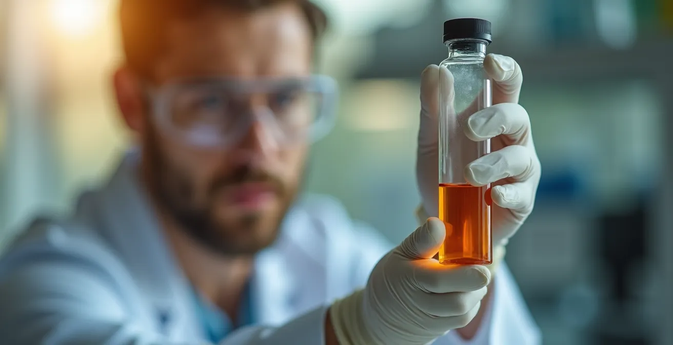 Main tenant une fiole de laboratoire avec reflets colorés et arrière-plan flou