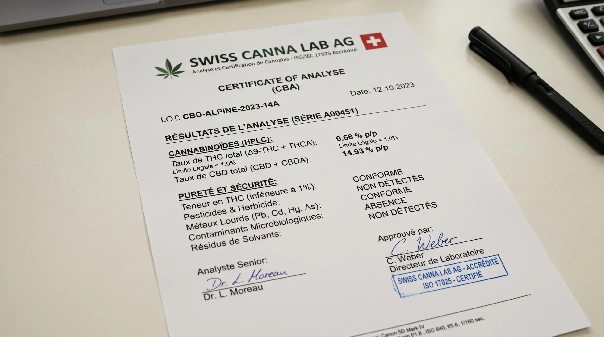Certificat d'analyse de laboratoire CBD suisse détaillant taux de THC inférieur à 1 pourcent, taux de CBD et accréditation ISO du laboratoire