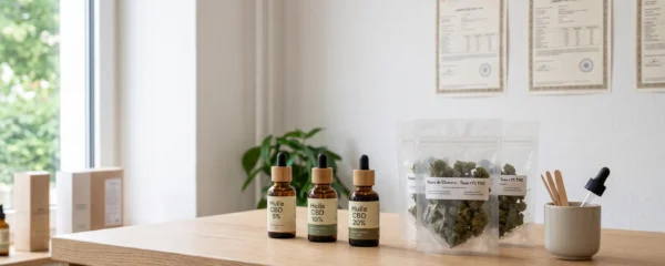 Comptoir de boutique CBD suisse présentant flacons d'huile de différentes concentrations et sachets de fleurs de chanvre, avec certificats d'analyse laboratoire affichés en arrière-plan