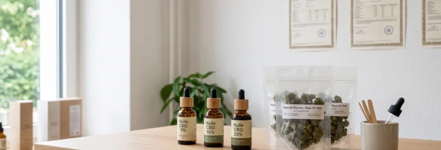 Comptoir de boutique CBD suisse présentant flacons d'huile de différentes concentrations et sachets de fleurs de chanvre, avec certificats d'analyse laboratoire affichés en arrière-plan
