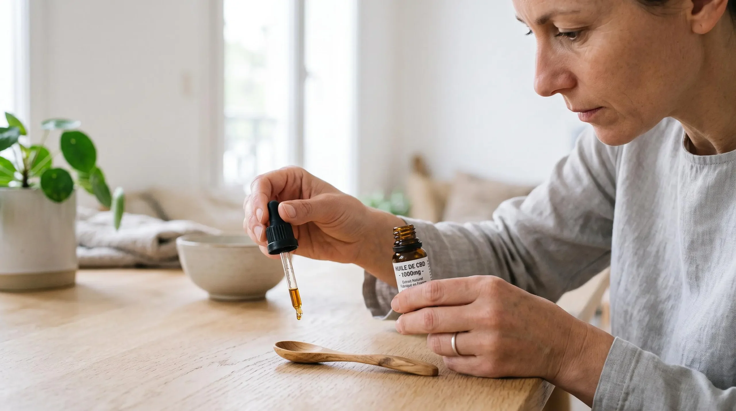 Femme adulte dosant avec précision une goutte d'huile CBD à l'aide d'une pipette au-dessus d'une cuillère, geste contrôlé et regard concentré sur le dosage