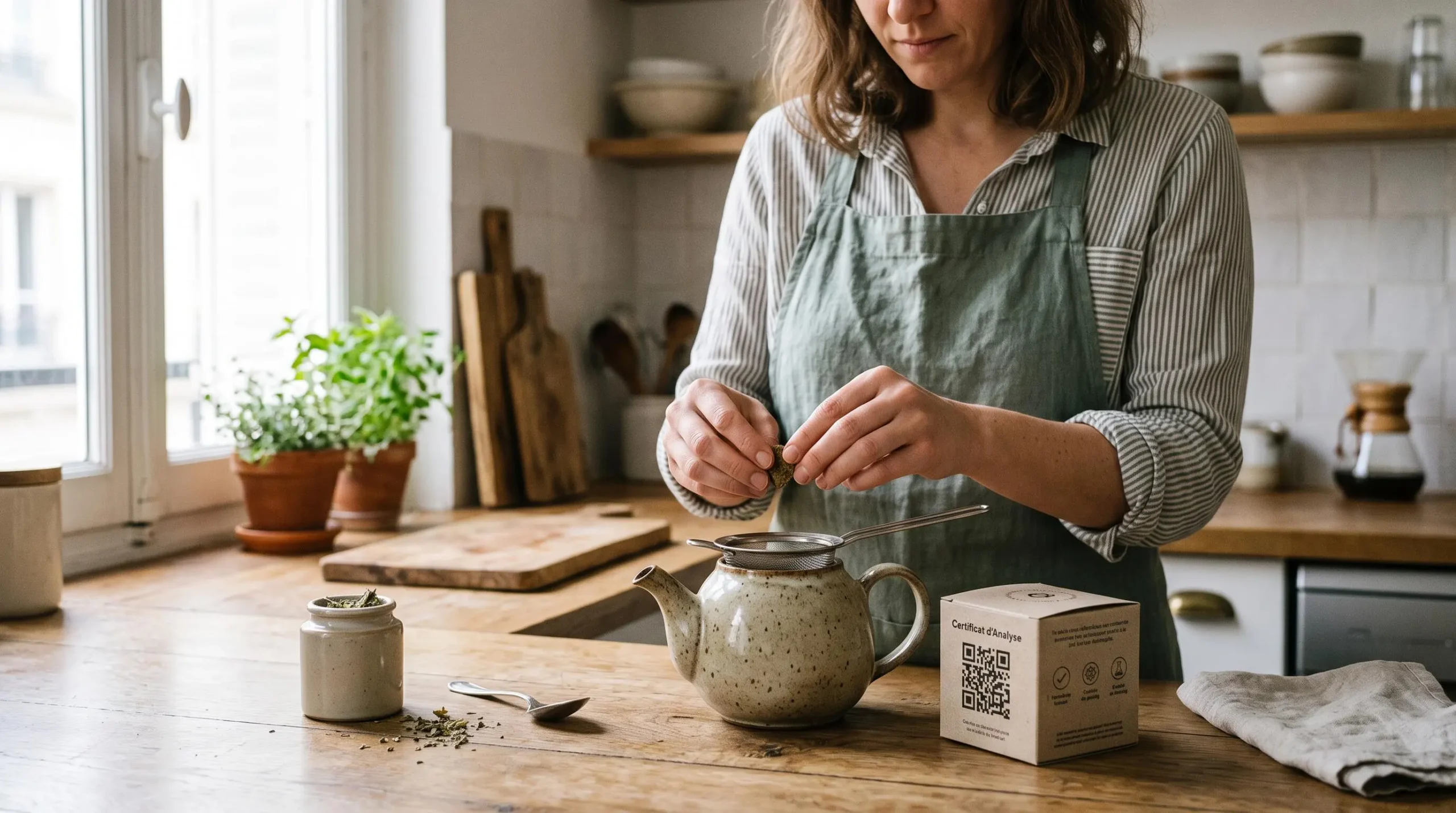 Préparation domestique d'une infusion de hash CBD dans une cuisine française, émiettage de résine dans un infuseur à thé