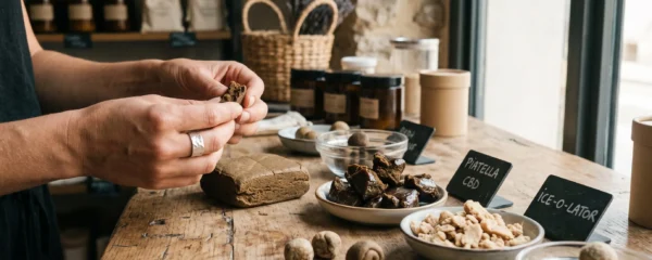Différentes variétés de hash de CBD aux textures artisanales présentées sur une surface en bois dans une boutique spécialisée française