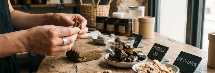 Différentes variétés de hash de CBD aux textures artisanales présentées sur une surface en bois dans une boutique spécialisée française